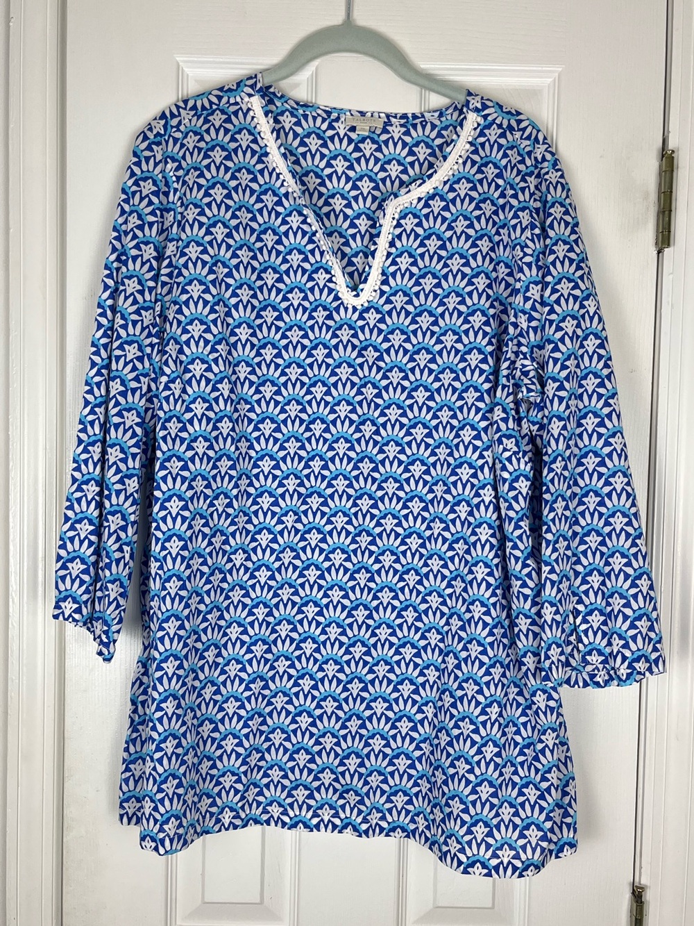 Talbots Woman 100% Cotton Geo Floral Print 3/4 Sleeve Tunic Top Sz 2X